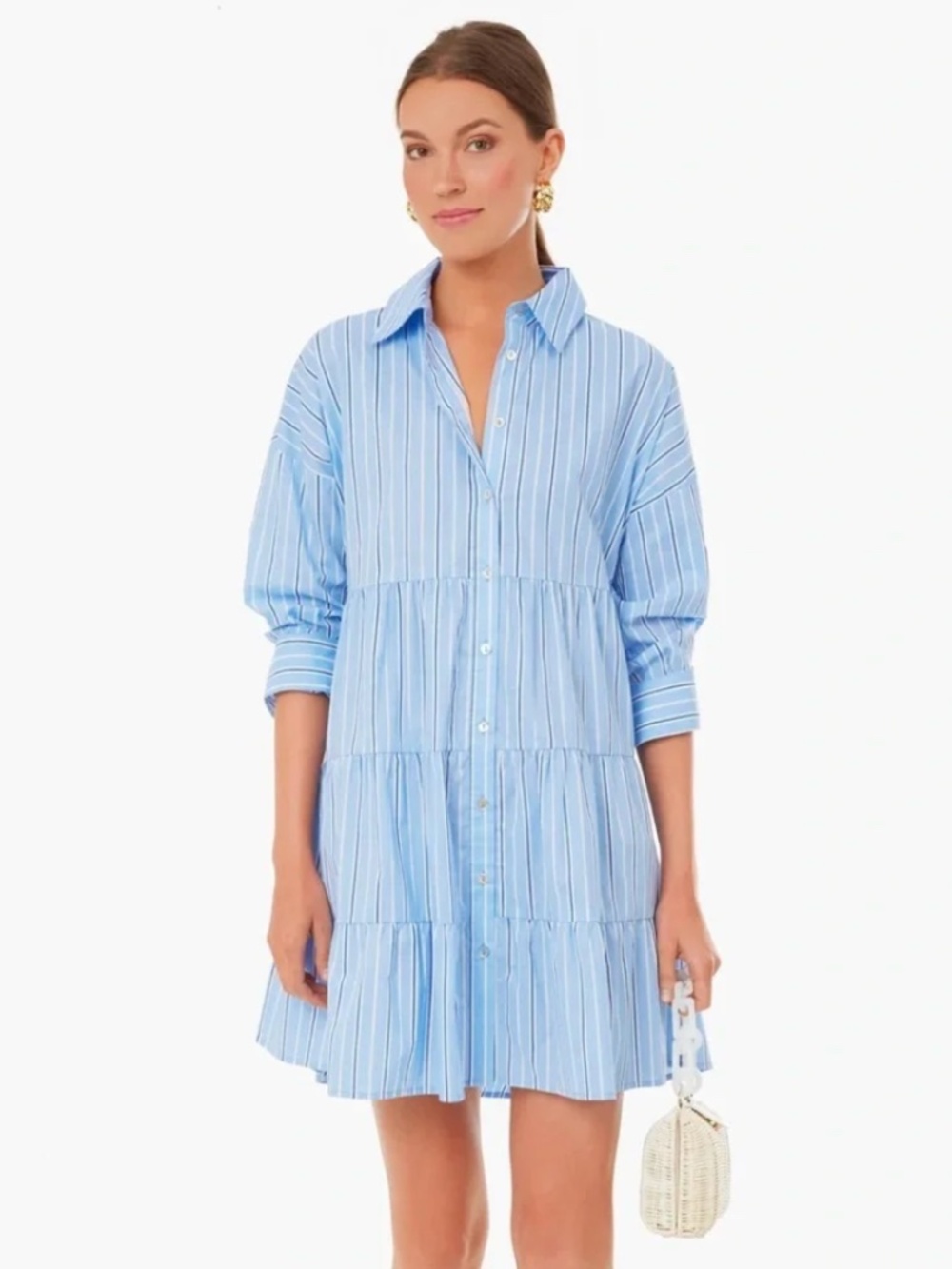 Tuckernuck Women's Pomander Place Shades of Blue Stripe Tiered Cara Mini Dress M